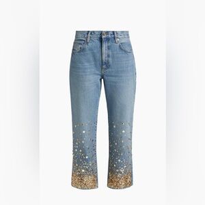 FRAME Blue Light Wash Denim Champagne Gold Embellished Jeans, Size 26
